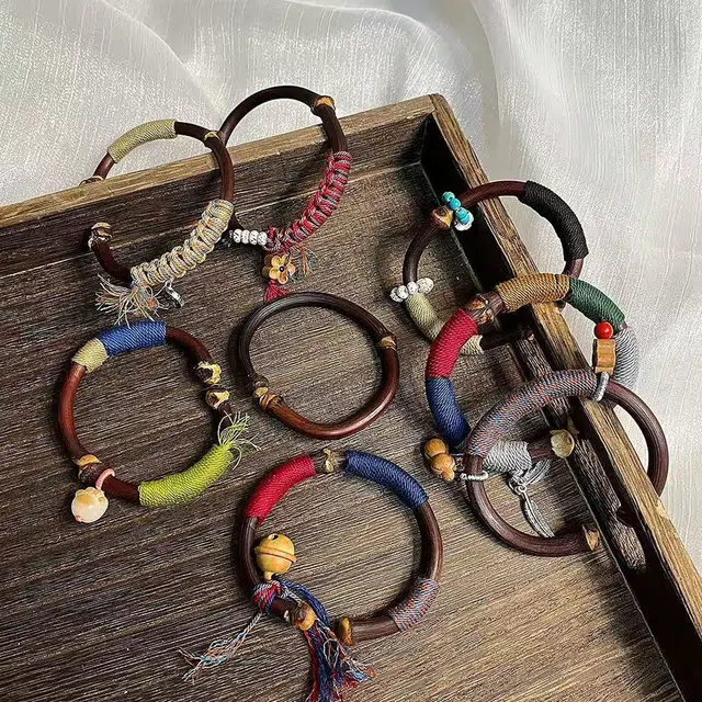 琢玉居 编织国风藏式梅花手工编制手环复古藏式开口中国风 鸡血藤 手镯 女款