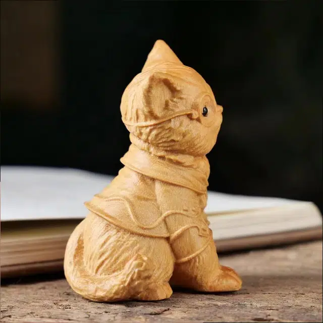 琢玉居 猫咪 可爱萌宠桌面 汽车 好运招财 实木雕刻 檀木 摆件 男女同款情侣款