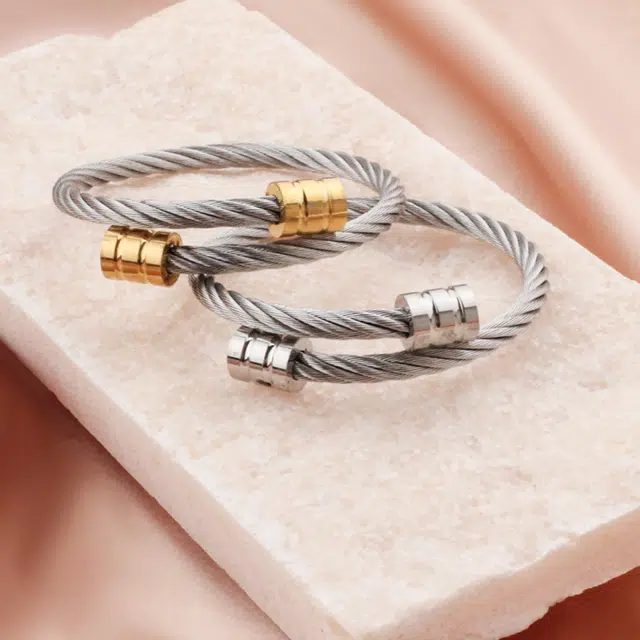琢玉居 麻花钢丝绳圆柱 嘻哈朋克开口抛光 钛钢 手镯 男女同款情侣款
