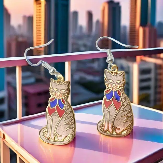 红桥 领结小猫 珐琅 耳环 女款