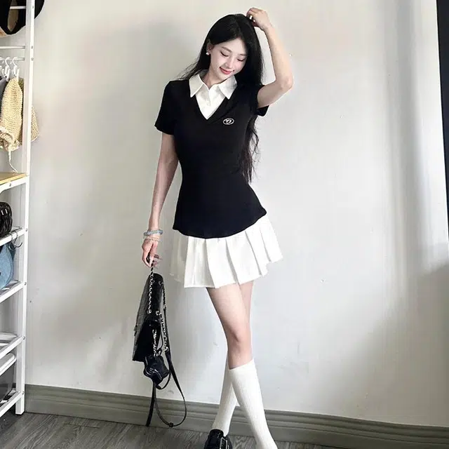 依钗 韩系学院风假两件收腰显瘦百褶裙装短袖连衣裙 女款