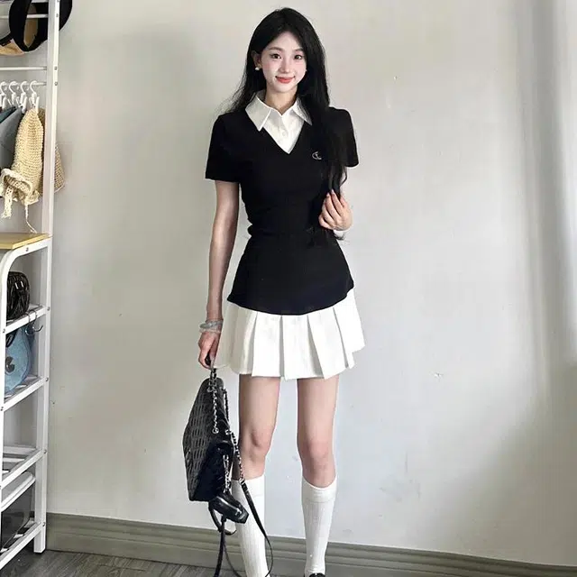 依钗 韩系学院风假两件收腰显瘦百褶裙装短袖连衣裙 女款