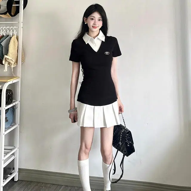 依钗 韩系学院风假两件收腰显瘦百褶裙装短袖连衣裙 女款