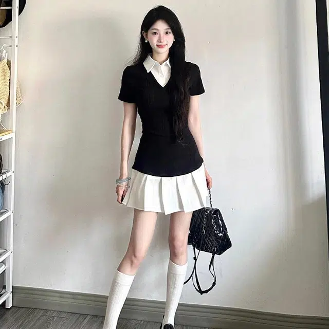 依钗 韩系学院风假两件收腰显瘦百褶裙装短袖连衣裙 女款