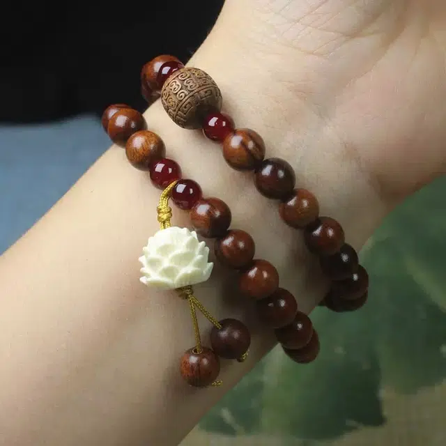 耳玺 新中式国潮盘玩转运珠禅意小清新民族风雕刻莲花纳福招财复古佛珠首饰 花梨木 手串 男女同款情侣款