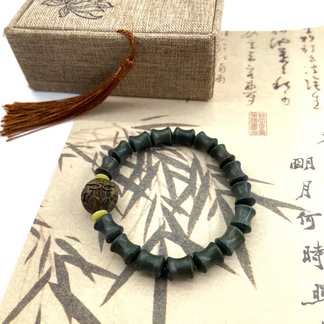 耳玺 竹节新中式复古串文盘玩佛珠菩提搭配款小众文艺文玩 绿檀 木作手串 男女同款情侣款