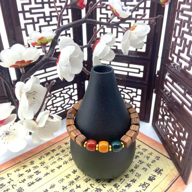 耳玺 新中式国潮纳福招财文玩复古转运珠生日好运礼小众创意考公考研上岸转运三色珠 花梨木 木作手串 男女同款情侣款