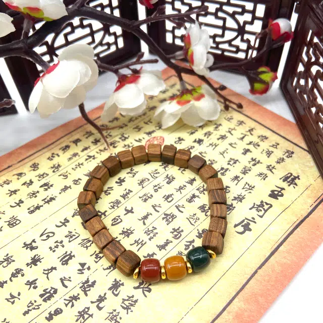 耳玺 新中式国潮纳福招财文玩复古转运珠生日好运礼小众创意考公考研上岸转运三色珠 花梨木 木作手串 男女同款情侣款