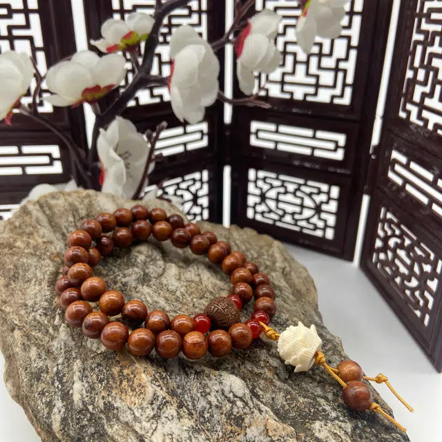 耳玺 新中式国潮盘玩转运珠禅意小清新民族风雕刻莲花纳福招财复古佛珠首饰 花梨木 手串 男女同款情侣款