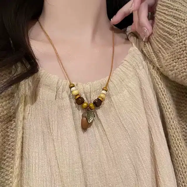 耳玺 橡果搭配吉祥如意好运连连新中式复古民族风个性小众设计配饰 檀木 项链 男女同款情侣款