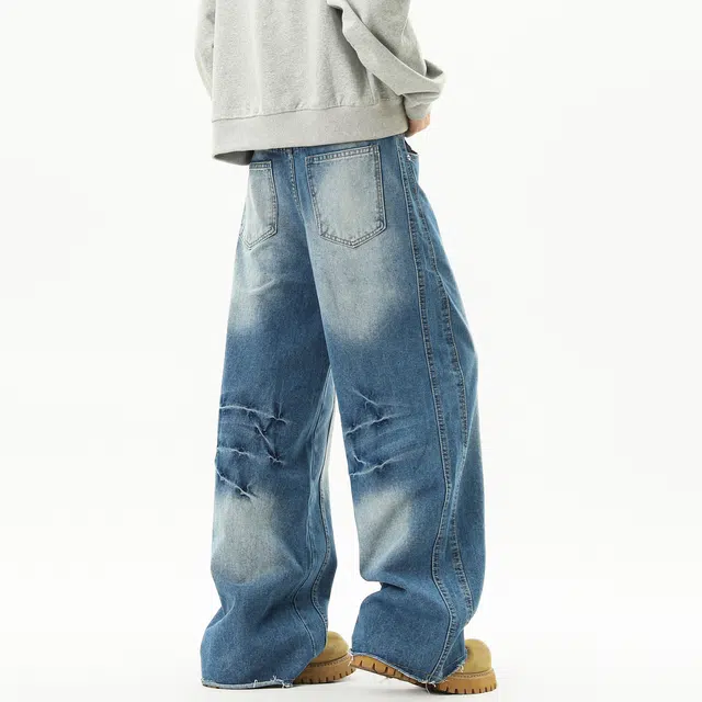 普鲁士多特蒙德 美式复古水洗做旧长裤男款秋季闪电纹阔腿裤宽松廓形弯刀休闲牛仔裤 男女同款