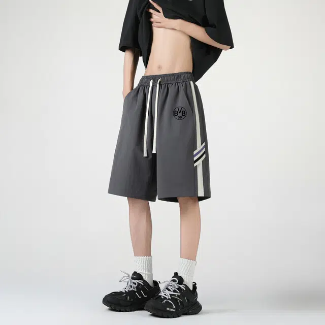 普鲁士多特蒙德 美式条纹轻薄五分织带运动休闲短裤 男女同款