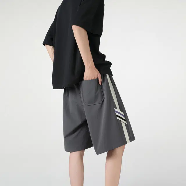 普鲁士多特蒙德 美式条纹轻薄五分织带运动休闲短裤 男女同款