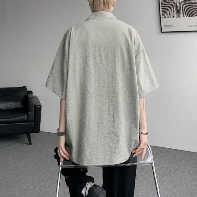 普鲁士多特蒙德 纯色假口袋翻领衬衣潮牌设计感冰丝凉感宽松外套短袖衬衫 男女同款