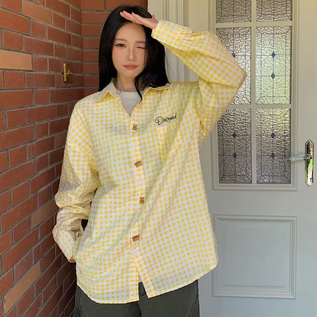 普鲁士多特蒙德 美式街头趣味纽扣多巴胺格子衬衫 男女同款