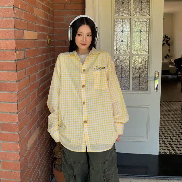 普鲁士多特蒙德 美式街头趣味纽扣多巴胺格子衬衫 男女同款