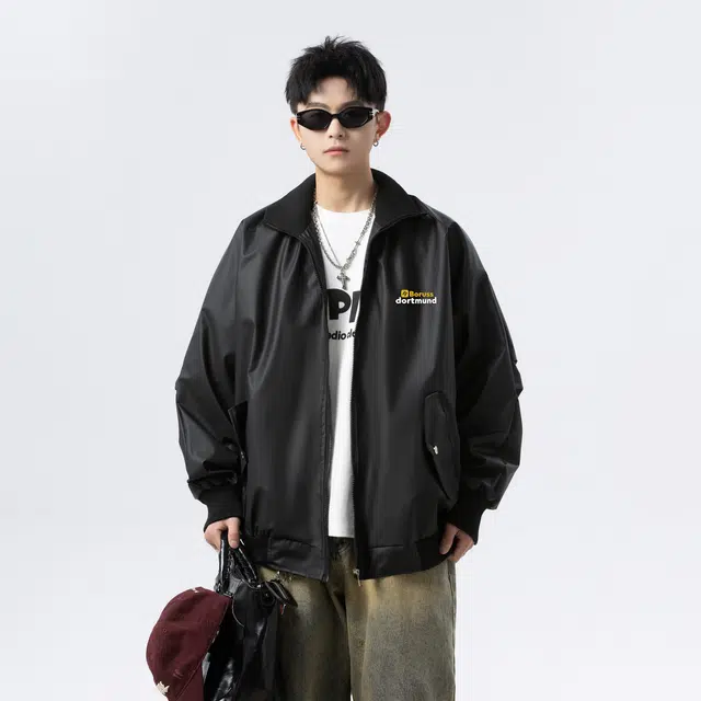 普鲁士多特蒙德 美式机车皮衣高级感痞帅飞行外套宽松立领棒球服皮夹克 男女同款