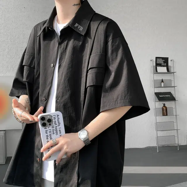 普鲁士多特蒙德 纯色假口袋翻领衬衣潮牌设计感冰丝凉感宽松外套短袖衬衫 男女同款