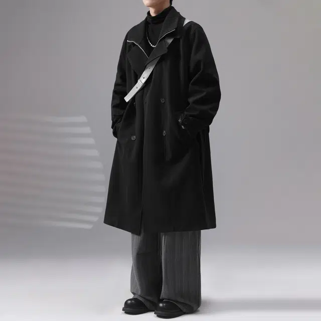 普鲁士多特蒙德 韩系设计感纯色毛呢高级感男中长款夹棉加厚战壕秋冬假两件翻领宽松过膝外套大衣 男女同款