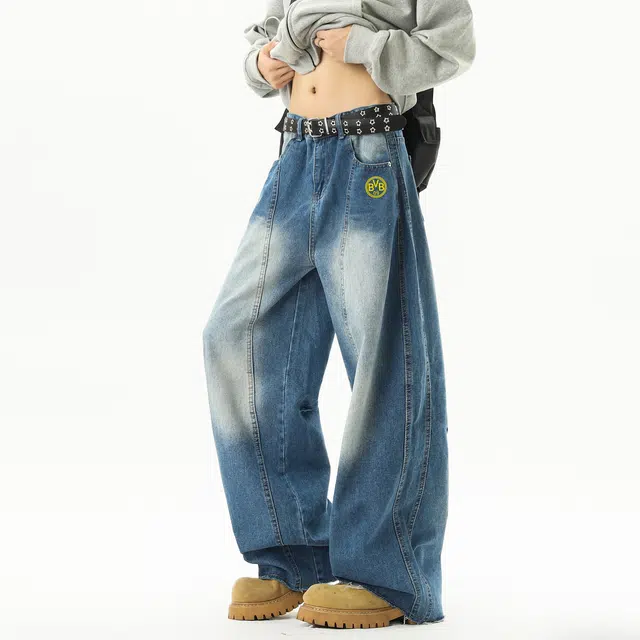 普鲁士多特蒙德 美式复古水洗做旧长裤男款秋季闪电纹阔腿裤宽松廓形弯刀休闲牛仔裤 男女同款