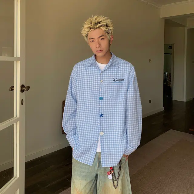 普鲁士多特蒙德 美式街头趣味纽扣多巴胺格子衬衫 男女同款