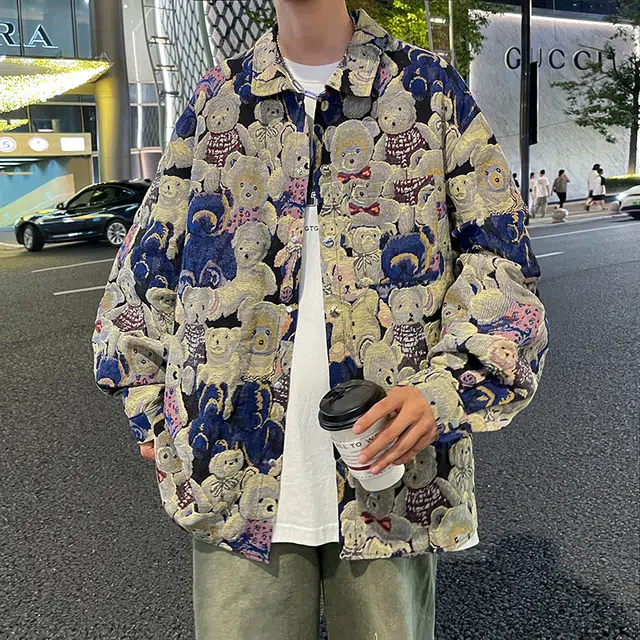 寻星记 美式复古潮流情侣款卡通小熊提花印花宽松慵懒休闲百搭夹克 男女同款