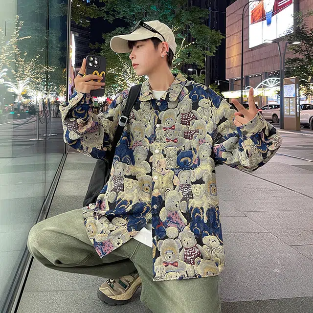 寻星记 美式复古潮流情侣款卡通小熊提花印花宽松慵懒休闲百搭夹克 男女同款