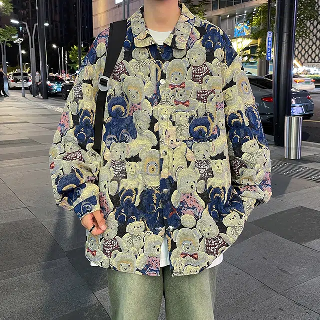 寻星记 美式复古潮流情侣款卡通小熊提花印花宽松慵懒休闲百搭夹克 男女同款