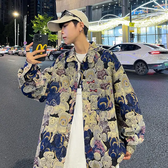 寻星记 美式复古潮流情侣款卡通小熊提花印花宽松慵懒休闲百搭夹克 男女同款