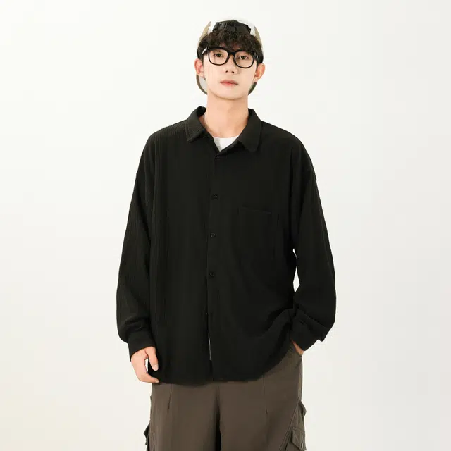 头号青年 美式学院风条纹褶皱宽松单排扣落肩百搭透气长袖衬衫 男女同款