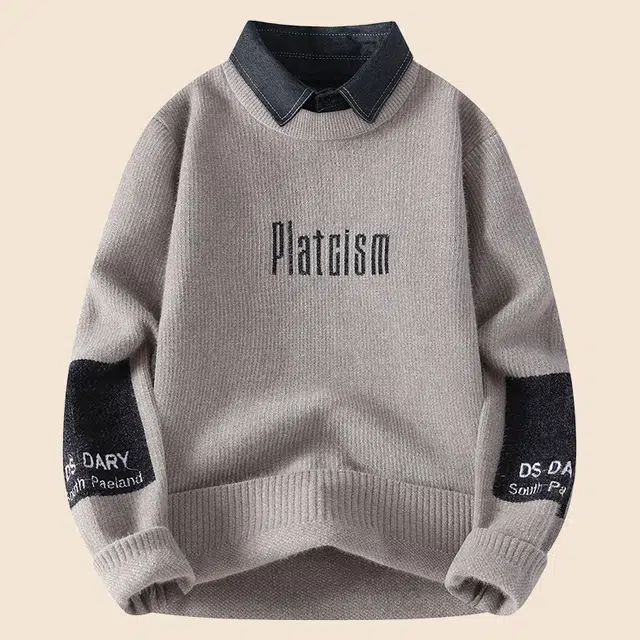 头号青年 假两件毛衫男士秋冬季潮流高级感字母内搭潮牌保暖加厚线衣 针织衫 男款