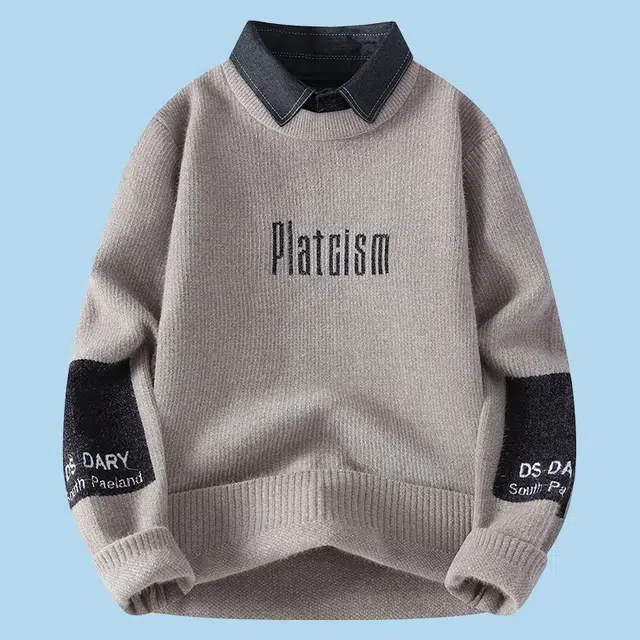 头号青年 假两件毛衫男士秋冬季潮流高级感字母内搭潮牌保暖加厚线衣 针织衫 男款