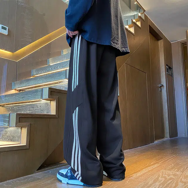 头号青年 美式高街复古加绒加厚直筒百搭卫裤学院风透气抽绳运动裤条纹拼接针织休闲裤 男女同款
