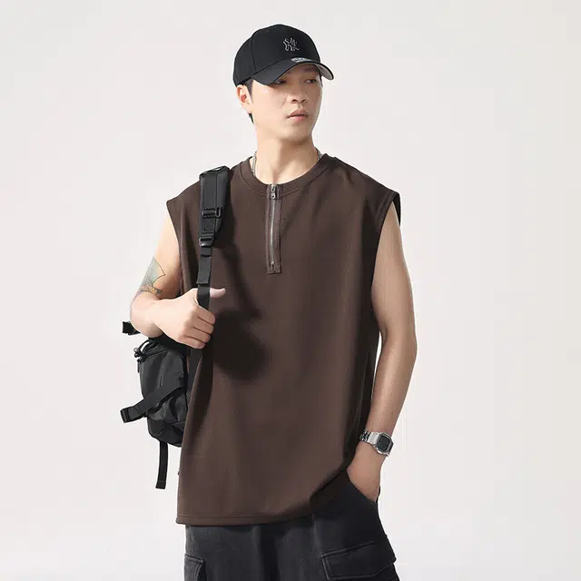 前进牛 美式休闲高街潮牌圆领半拉链利落感抗皱透气潮流宽松简约情侣背心 男女同款