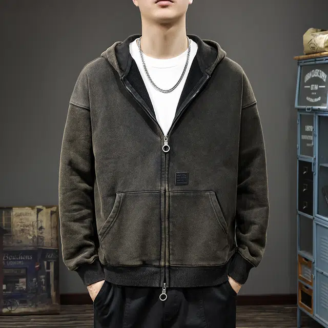 前进牛 秋冬连帽纯色开衫卫衣男韩系潮牌水洗重磅潮流宽松大码休闲运动外套卫衣 男女同款