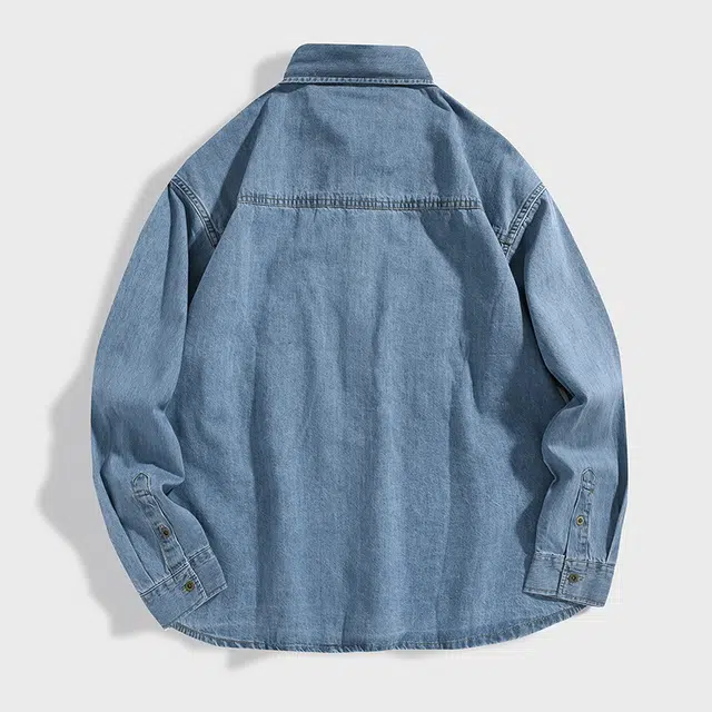 前进牛 秋季美式休闲经典复古潮牌高街痞帅不规则口袋叠层长袖衬衣男潮流百搭纯棉宽松牛仔外套衬衫 男款