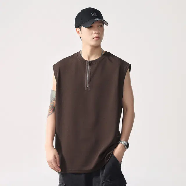 前进牛 美式休闲高街潮牌圆领半拉链利落感抗皱透气潮流宽松简约情侣背心 男女同款