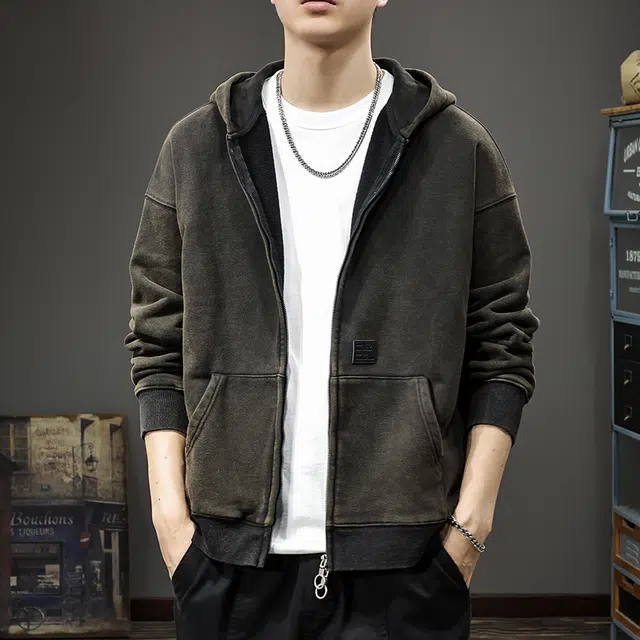 前进牛 秋冬连帽纯色开衫卫衣男韩系潮牌水洗重磅潮流宽松大码休闲运动外套卫衣 男女同款