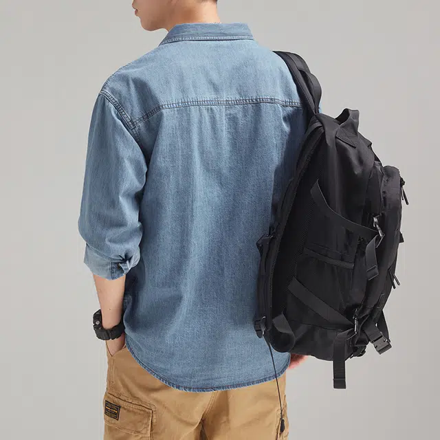 前进牛 秋季美式休闲经典复古潮牌高街痞帅不规则口袋叠层长袖衬衣男潮流百搭纯棉宽松牛仔外套衬衫 男款