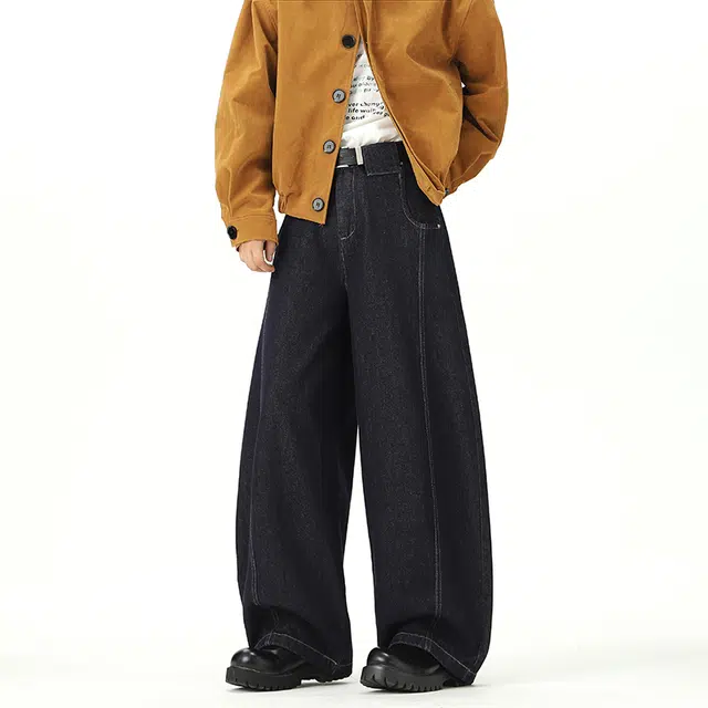 前进牛 美式经典潮牌高街慵懒微喇宽松阔腿百搭休闲嘻哈街头牛仔裤 男款