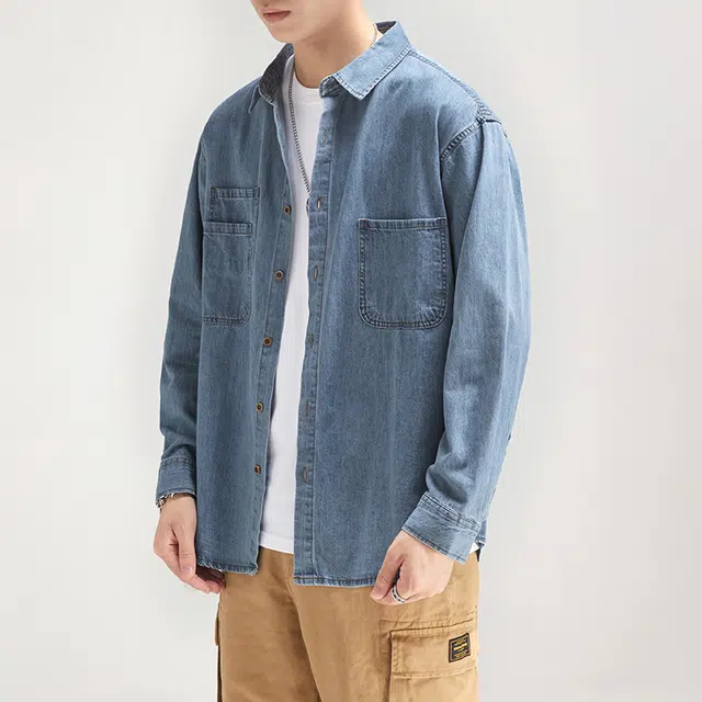 前进牛 秋季美式休闲经典复古潮牌高街痞帅不规则口袋叠层长袖衬衣男潮流百搭纯棉宽松牛仔外套衬衫 男款