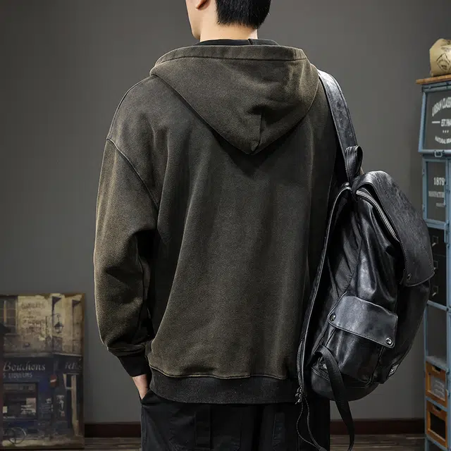 前进牛 秋冬连帽纯色开衫卫衣男韩系潮牌水洗重磅潮流宽松大码休闲运动外套卫衣 男女同款