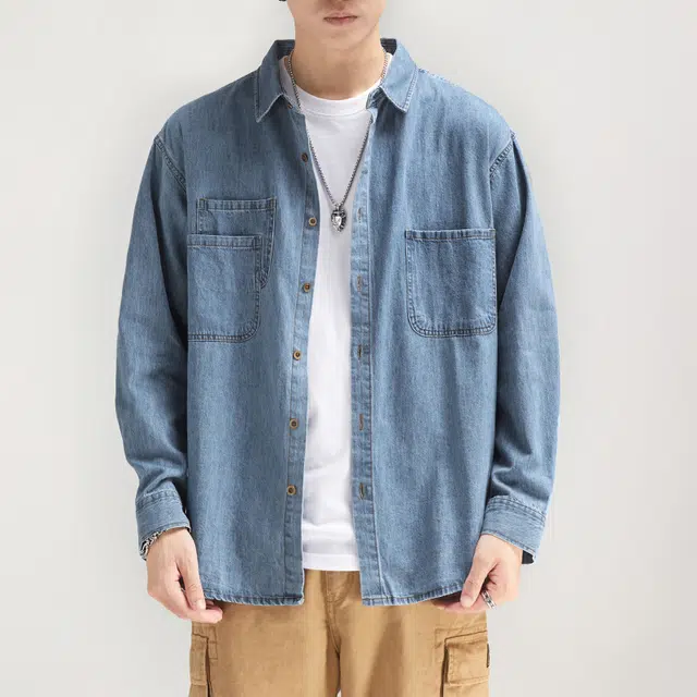 前进牛 秋季美式休闲经典复古潮牌高街痞帅不规则口袋叠层长袖衬衣男潮流百搭纯棉宽松牛仔外套衬衫 男款