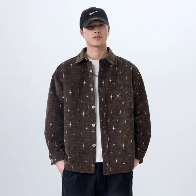 前进牛 美式经典潮牌复古轻奢高级感老钱风雪尼尔星星提花长袖衬衣男潮流秋季森系百搭宽松休闲外套衬衫 男款