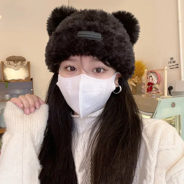雅鹿 秋冬季可爱小熊耳朵毛绒护耳针织帽户外骑行防寒加绒百搭大头围显脸小套头帽 棉 绒线帽 男女同款情侣款 礼盒装