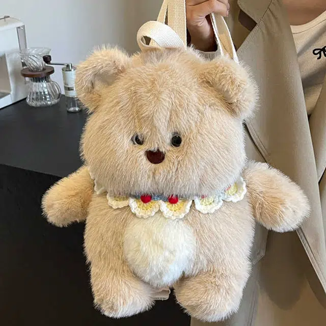 雅鹿 可爱熊公仔布偶娃娃多功能通勤 毛绒 双肩包 女款 奶茶小熊/奶糖小兔
