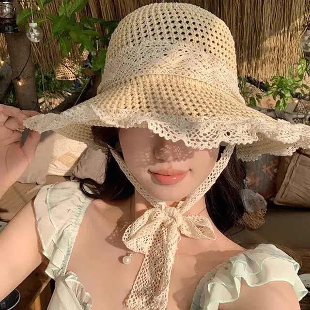 雅鹿 大帽檐遮阳夏季海边透气草编遮脸蕾丝花边草帽时尚百搭 腈纶 防晒帽 女款