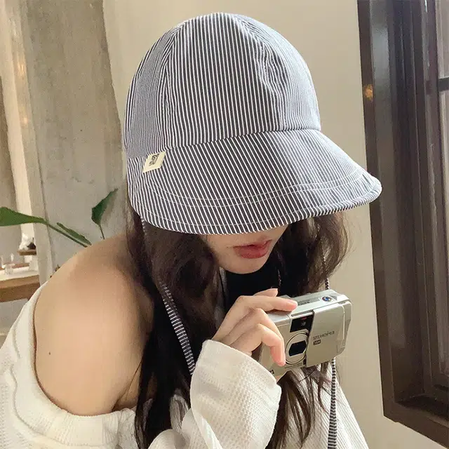 雅鹿 韩版条纹绑带大帽檐显脸小户外海滩出游徒步休闲 聚酯纤维  渔夫帽 女款