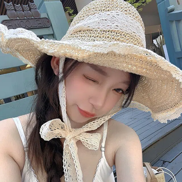 雅鹿 大帽檐遮阳夏季海边透气草编遮脸蕾丝花边草帽时尚百搭 腈纶 防晒帽 女款