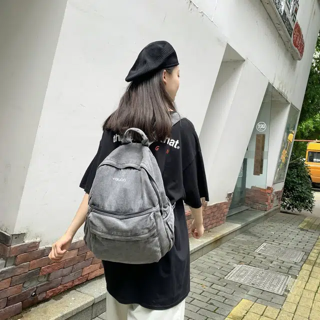 雅鹿 时尚简约纯色复古通勤 牛仔布 双肩包 常规 女款 深灰色/浅蓝色